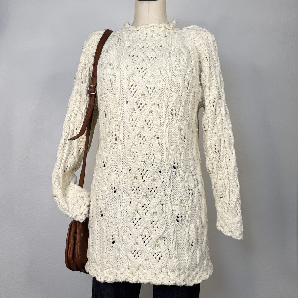 VNT Handknit Ivory Cable Sweater Tunic Cottagecore Pearl Knit Roll Neck Small